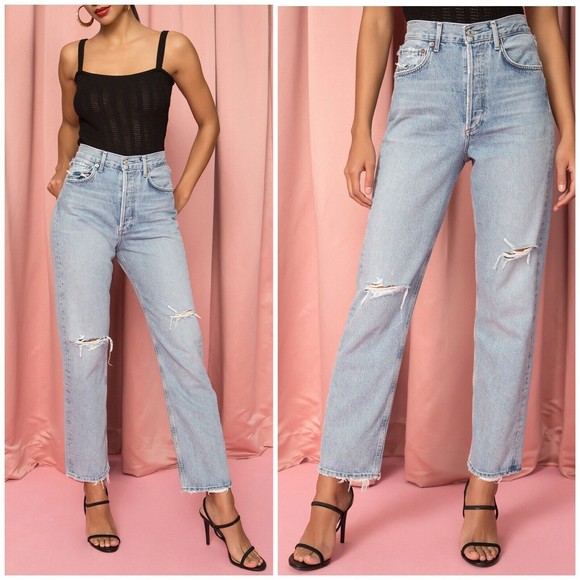 Agolde Denim - AGOLDE 90s Mid Rise Loose Fit Denim Jeans Distressed Straight Leg High Rise 23